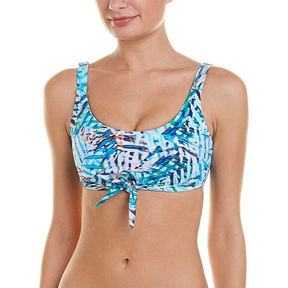 PilyQ Tropical Palm Print Knot Halter Blue Bikini Top Swimsuit Palmas Medium - Picture 1 of 3
